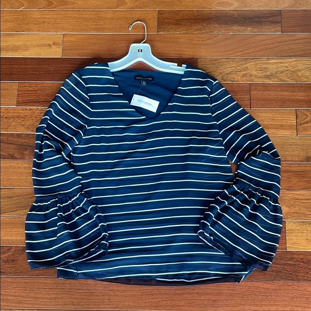 Banana Republic gauzy Striped Navy Blouse with Bell Sleeves. NWT